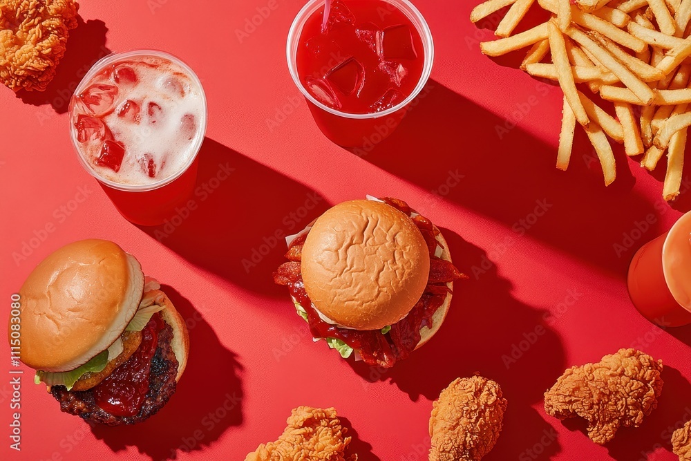 A vibrant and appetizing flat lay of a fast food meal burgers, fried chicken, fries, and drinks A vibrant and appetizing flat lay of a fast food meal burgers, fried chicken, fries, and drinks