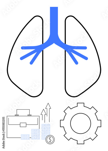 Human lung anatomy image with blue bronchial tree, business growth graph with coins, briefcase, and gearwheel. Ideal for medical education, health awareness, business growth, financial success
