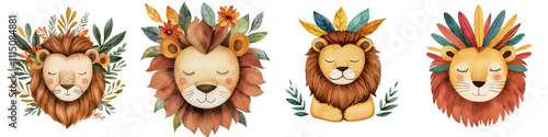 Four artistic lion illustrations with vibrant colors and floral elements. isolated on transparent background photo