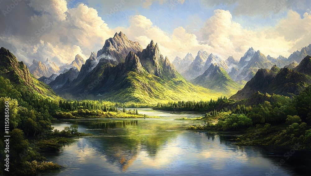 Majestic Mountains Reflecting in a Serene River: A Breathtaking Landscape of Nature's Beauty, Tranquility, and Serenity. Majestic Mountains Reflecting in a Serene River: A Breathtaking Landscape of Nature's Beauty, Tranquility, and Serenity.