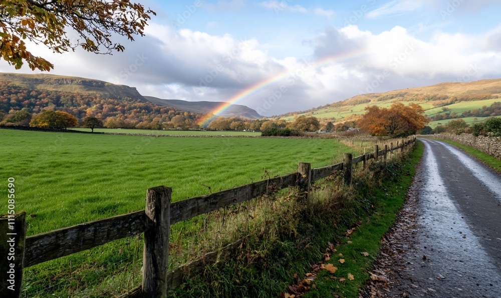 Scenic autumn countryside road with rainbow. Scenic autumn countryside road with rainbow.