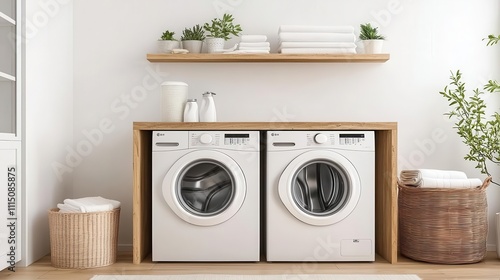 Minimalist laundry room with toploading washer, wooden shelving, and storage bins, Laundry room design, simple and functional photo