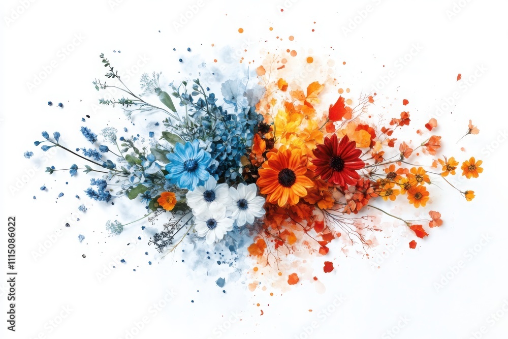 Artistic exploration of dynamic asymmetrical radial designs with watercolor wildflowers and botanical elements Artistic exploration of dynamic asymmetrical radial designs with watercolor wildflowers and botanical elements