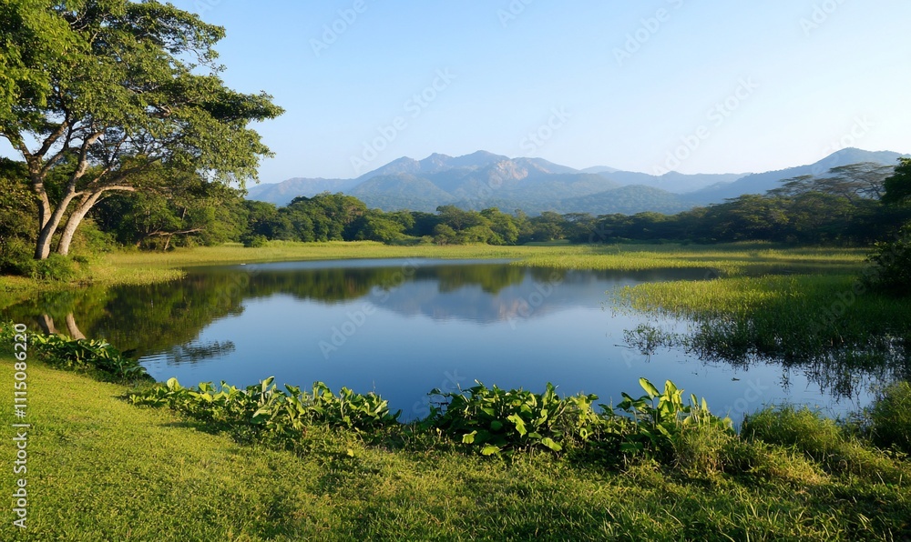 Serene lake reflecting mountains under a clear sky. Serene lake reflecting mountains under a clear sky.