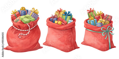 Santa's red sack filled with colorful Christmas gifts watercolor set painting drawing cut out isolated on white background