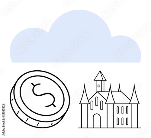 Coin depicting wealth, castle representing grandeur, and cloud emphasizing dreams or technology. Ideal for finance, real estate, fantasy, innovation, wealth management aspiration and tech. Line