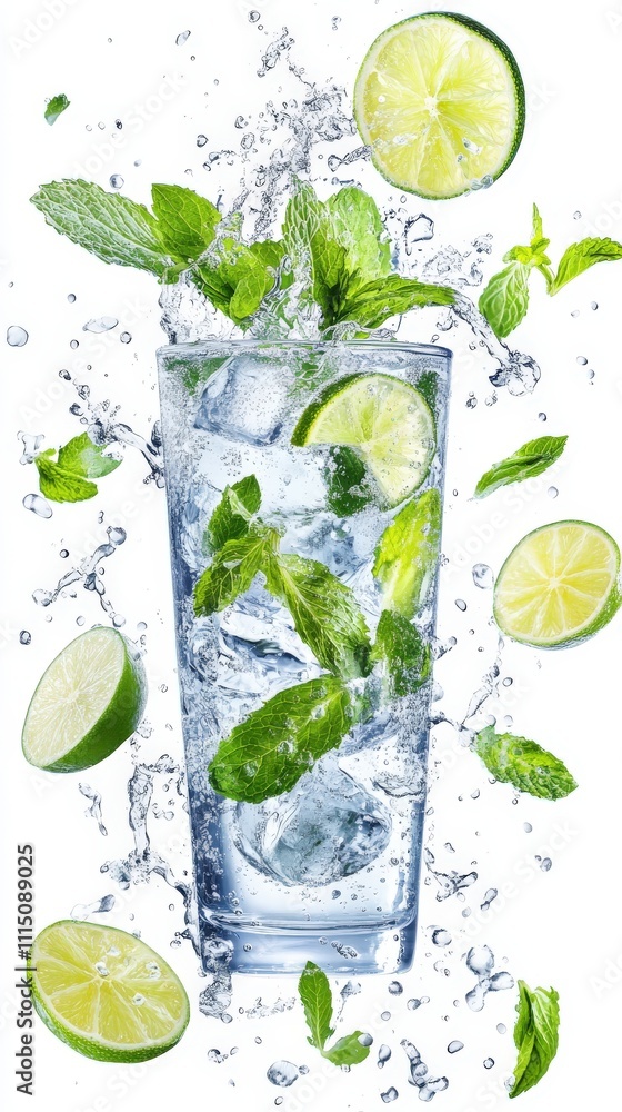 Refreshing Mojito Cocktail with Ice, Fresh Mint, and Lime Garnish in Tall Glass Refreshing Mojito Cocktail with Ice, Fresh Mint, and Lime Garnish in Tall Glass
