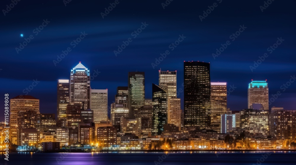 Naklejka premium Nighttime city skyline illuminated with lights against a dark blue sky.