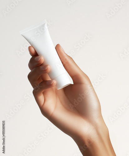 A tube of moisturiser with a mat white finish being held in the hand of a model, the model specialises in hand modelling and her hands are perfectly groomed manicured photo