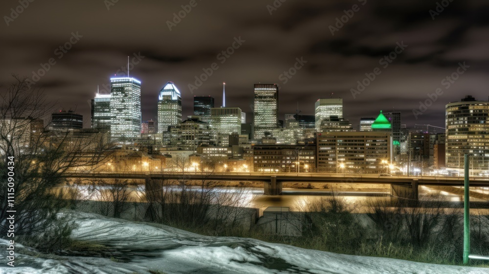 Obraz premium Nighttime city skyline with illuminated buildings and a snowy foreground.