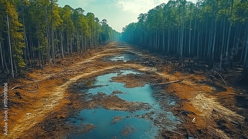 The destruction of forests through deforestation leaves the earth fractured and polluted by human activity