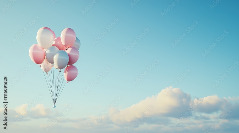 Fototapeta premium Colorful balloons floating in a clear blue sky outdoor celebration photography serene atmosphere aerial view joyful concept