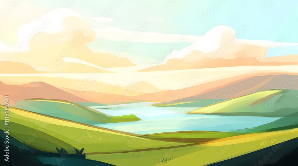 Obraz premium A serene landscape featuring rolling green hills, a tranquil lake, and soft clouds under a bright sky at sunset
