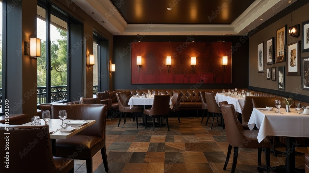 Luxurious restaurant interior with large windows overlooking a scenic view, comfortable seating, and elegant decor. Luxurious restaurant interior with large windows overlooking a scenic view, comfortable seating, and elegant decor.