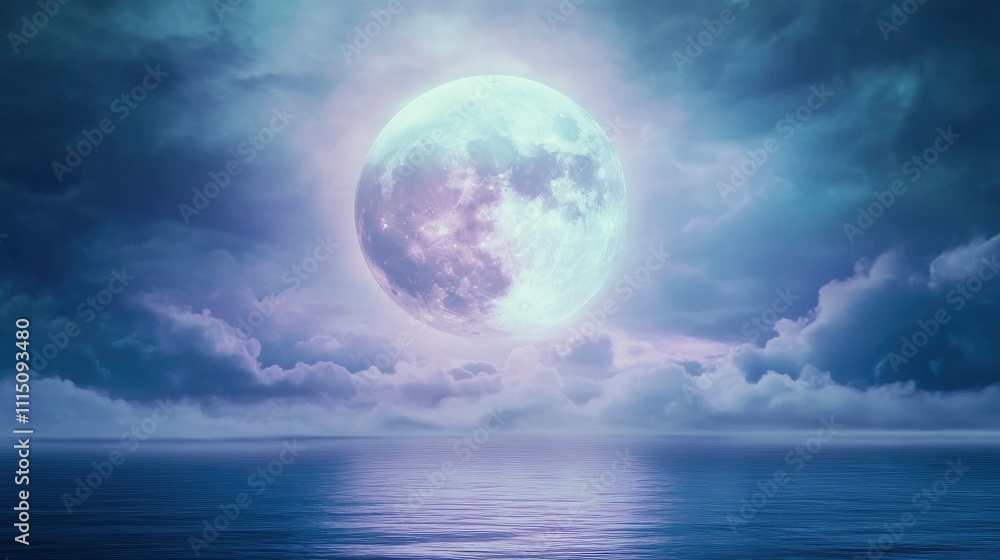 Beautiful full moon over the ocean with glowing clouds and shimmering water Beautiful full moon over the ocean with glowing clouds and shimmering water