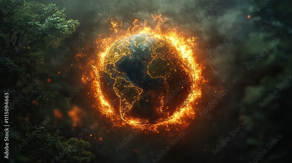 The earth damaged by fire and pollution, representing the impacts of global warming and environmental degradation The earth damaged by fire and pollution, representing the impacts of global warming and environmental degradation