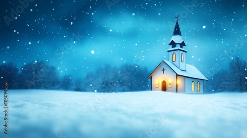 Wallpaper Mural A serene, snow-covered church with a cross on its steeple, bathed in soft candlelight and snowflakes, offering a peaceful and reflective atmosphere with room for a Christmas blessing Torontodigital.ca