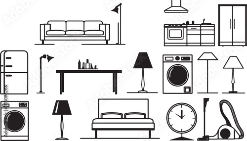 Home and interior design icons in black and white featuring furniture appliances and decor ideal for household and lifestyle themed projects