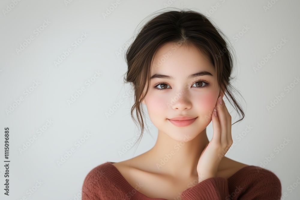 An Asian woman with radiant skin touching her cheek and smiling softly. Isolated on a white background An Asian woman with radiant skin touching her cheek and smiling softly. Isolated on a white background