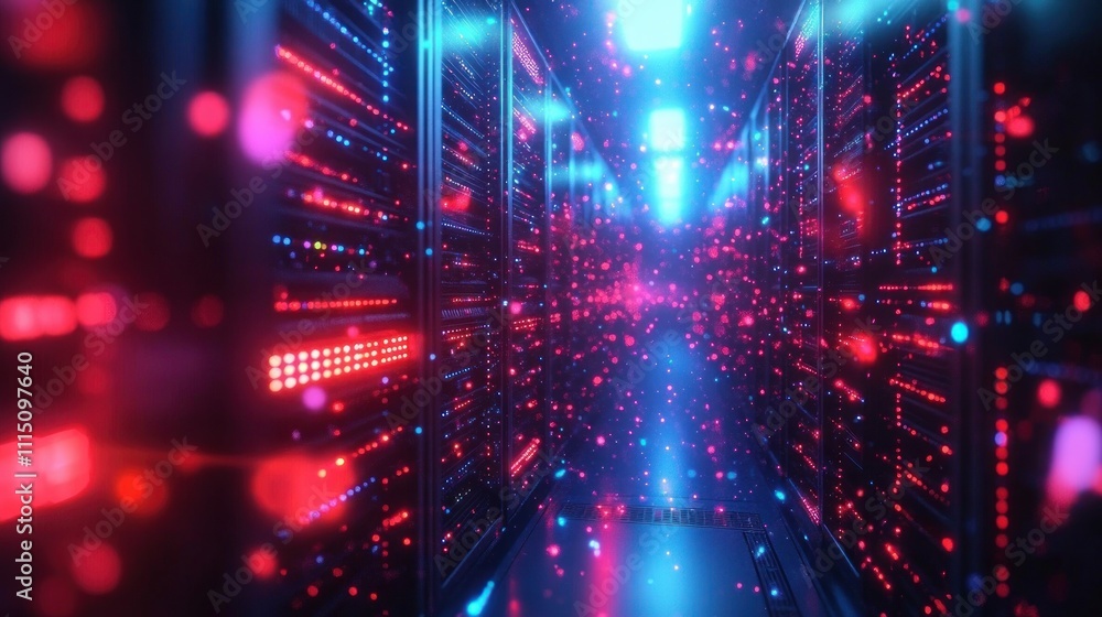 Obraz premium Futuristic Data Center with Neon Lights and Glowing Servers Representing Cloud Computing and Digital Infrastructure