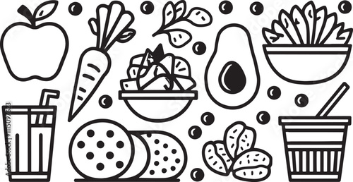 Healthy food and diet icons featuring fruits vegetables smoothies and organic food items in black and white vector style perfect for nutrition health and lifestyle themes