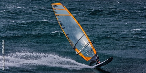 A windsurfer skillfully navigates the waves with an orange sail against a dynamic ocean backdrop. photo