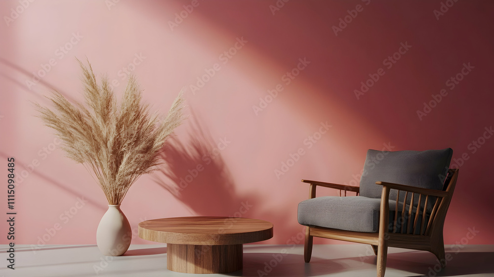 Dark grey armchair with wooden coffee table and dry grass in vase near pink wall
Dark grey armchair with wooden coffee table and dry grass in vase near pink wall