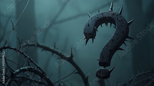 Spiked question mark in a misty, thorny forest.
