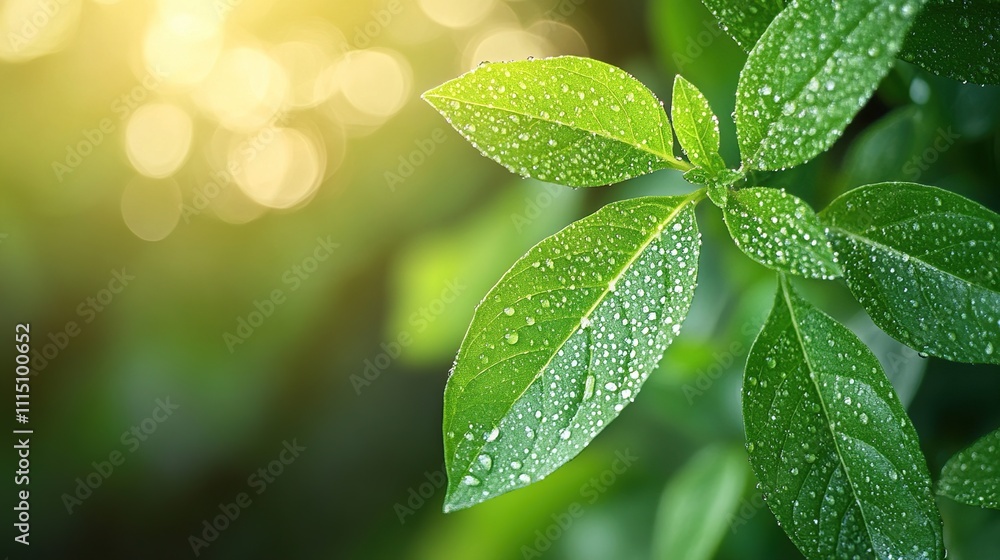 Refreshing Dew Drops on Lush Green Leaves: A vibrant summer morning Refreshing Dew Drops on Lush Green Leaves: A vibrant summer morning