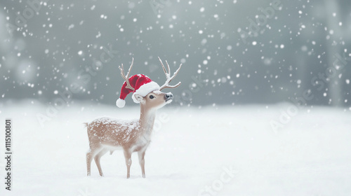Reindeer in Santa Hat, Wint...