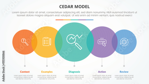 CEDAR feedback model infographic concept for slide presentation with big circle transparent venn horizontal with 5 point list with flat style
