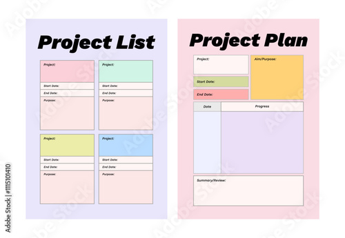 Colorful printable planner template set for project planning, goals, journaling, diary, productivity, goal setting, business, school, learning schedule, coaching