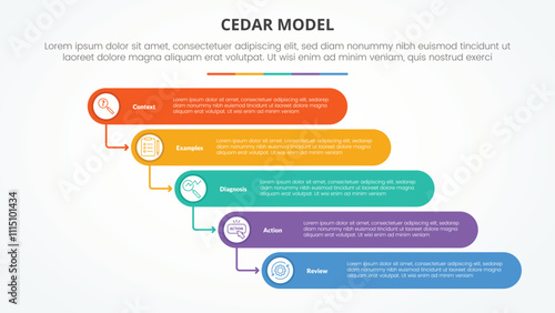 CEDAR feedback model infographic concept for slide presentation with round rectangle stack waterfall style with 5 point list with flat style