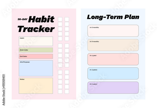 Colorful printable planner template set, habit tracker for goal setting, journaling, diary, productivity, business, school, learning schedule, coaching