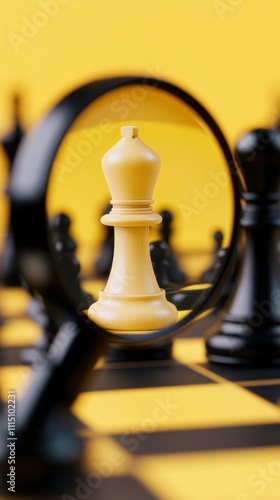 A magnifying glass focused on yellow chess piece, with many black pawns in the background