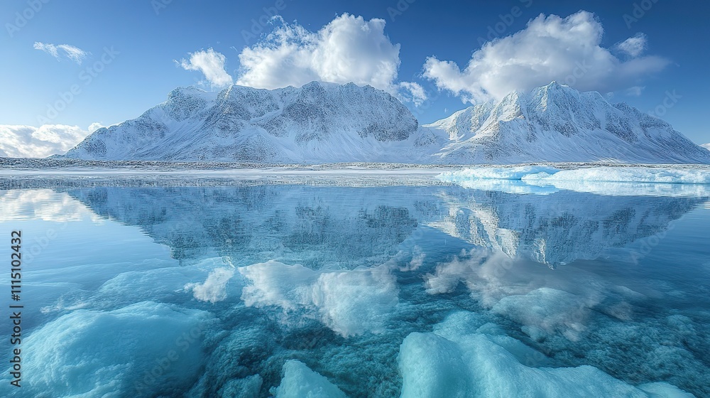 Fototapeta premium The harsh Arctic landscape reflected in the clear water of glaciers, highlighting the vulnerability of polar regions to climate change