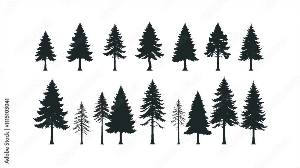 Obraz premium Set of silhouette pine tree isolated on white, vector illustration. Ai generated