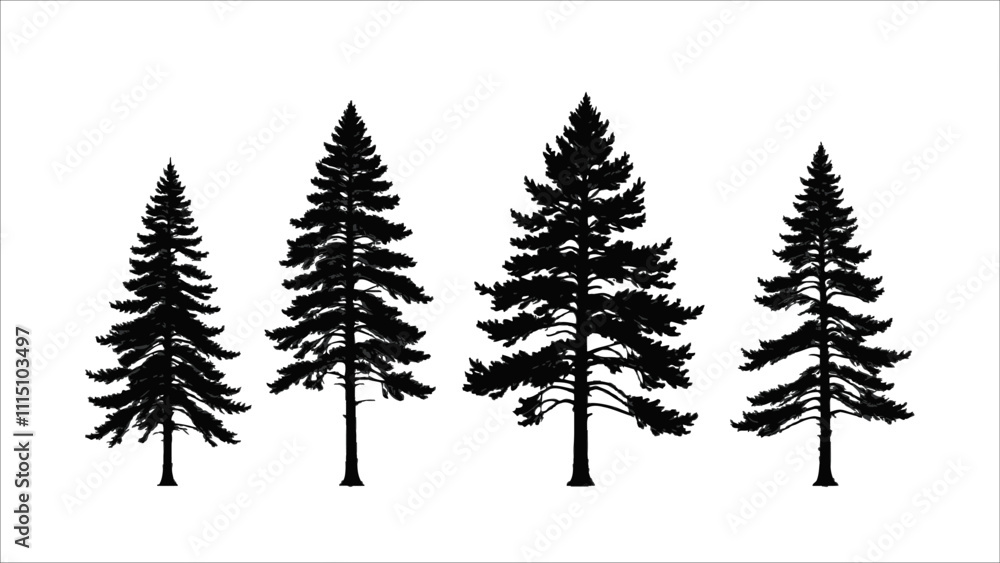 Obraz premium Set of silhouette pine tree isolated on white, vector illustration. Ai generated