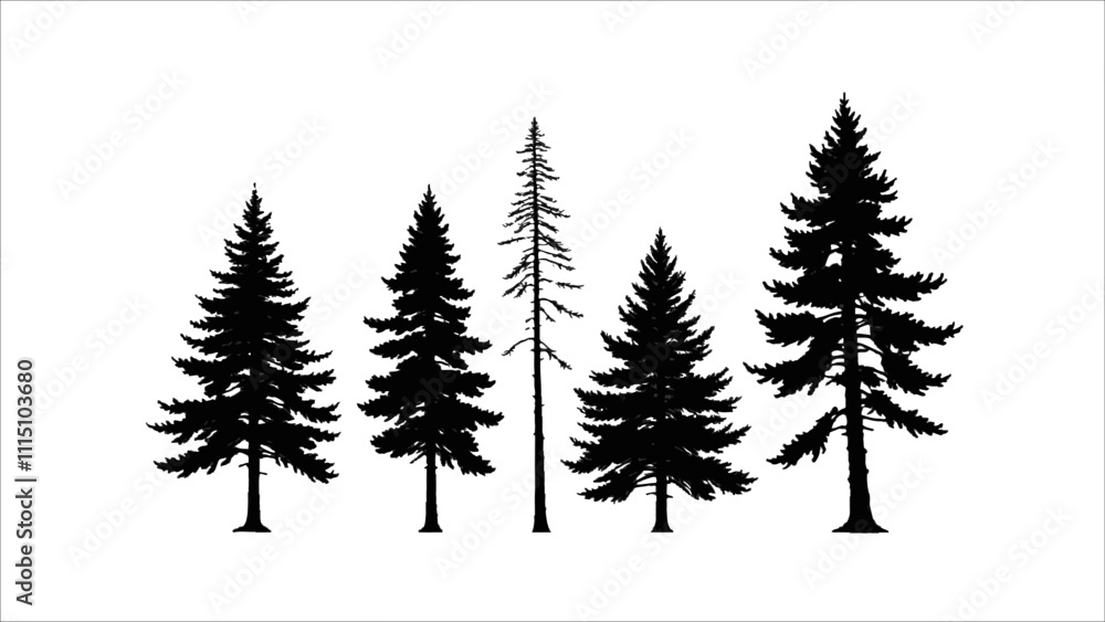 Obraz premium Set of silhouette pine tree isolated on white, vector illustration. Ai generated