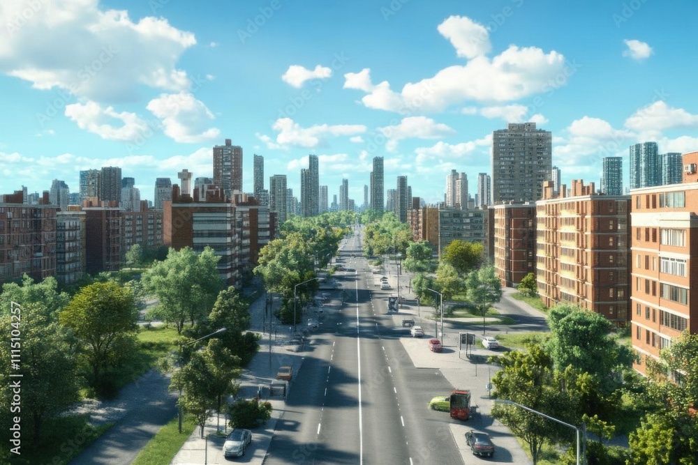 Obraz premium Cityscape: Urban Streetscape with Greenery, Modern Buildings, and Vehicles on a Sunny Day
