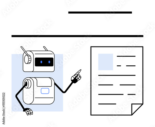 Robot pointing at a document with lines. Ideal for tech concepts AI, automation, education, presentations, workflow, digital learning. Line metaphor emphasizes accuracy, innovation, and clarity