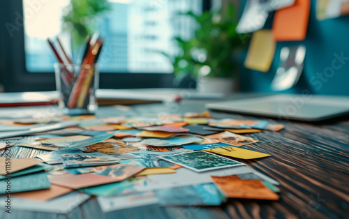 Wallpaper Mural Creative workspace with scattered photos and stationery Torontodigital.ca