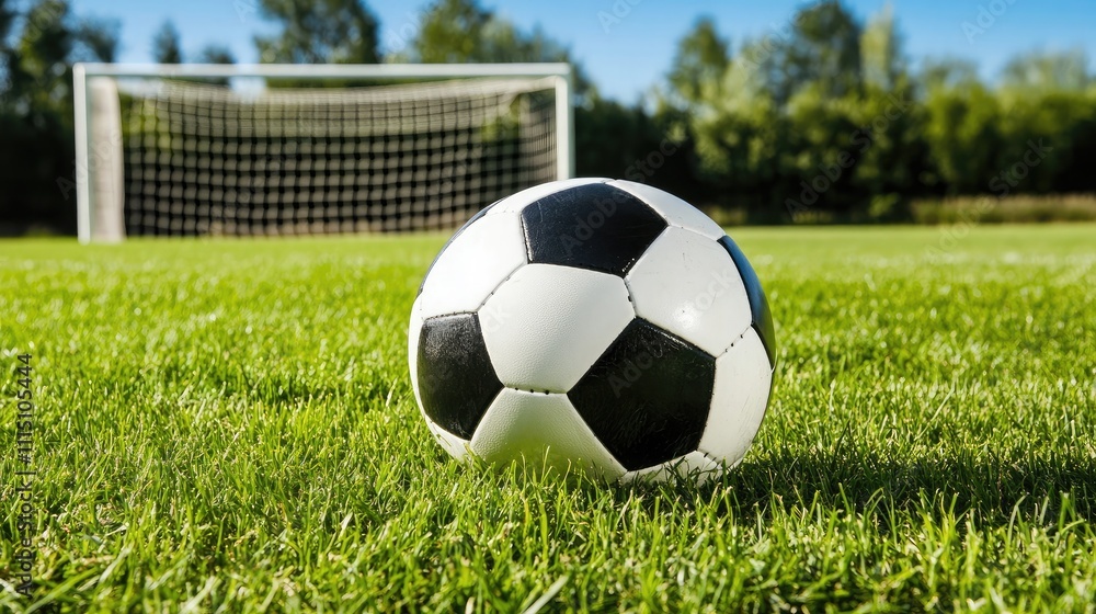 Obraz premium Close-Up of a Classic Black and White Soccer Ball on Fresh Green Grass with a Blurred Goal Post in the Background Capturing the Essence of Outdoor Sports