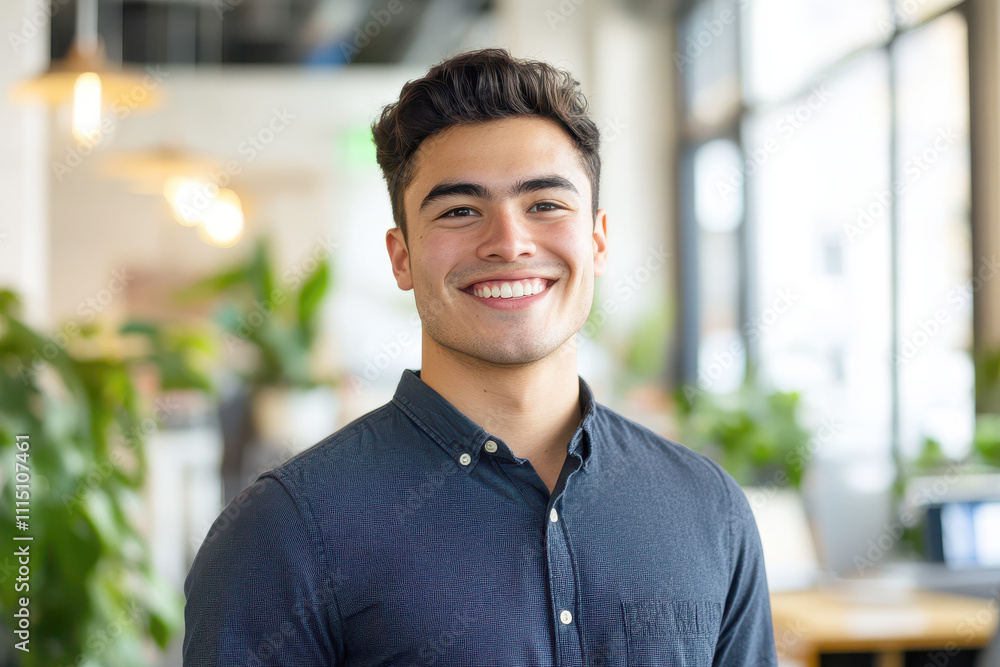 Obraz premium A young man with a warm smile stands confidently in a bright and modern office space