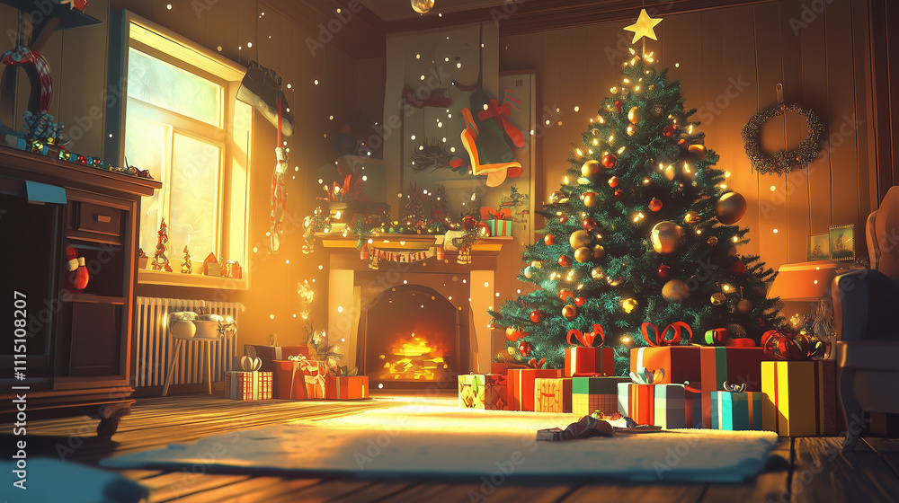 Warmth of the Season: Cozy Christmas Room with a Festive Tree and Snowy View Warmth of the Season: Cozy Christmas Room with a Festive Tree and Snowy View