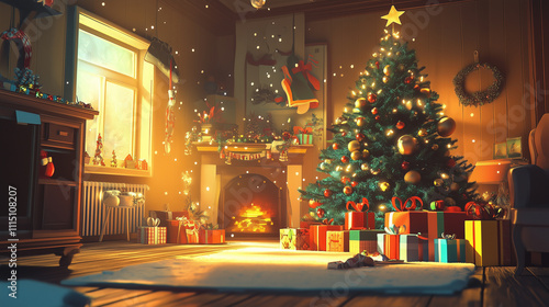 Warmth of the Season: Cozy Christmas Room with a Festive Tree and Snowy View