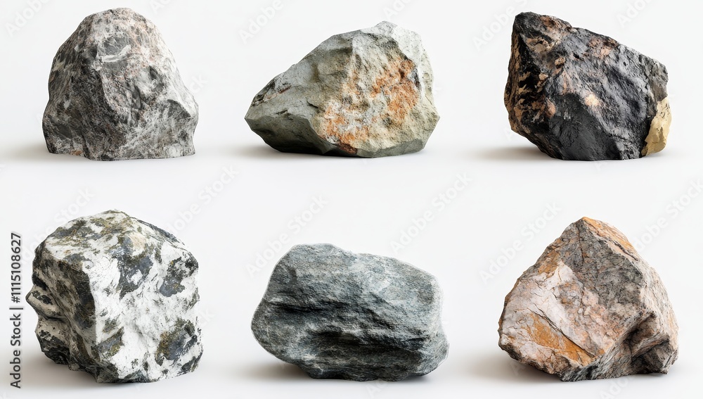 Six different grey and brown rocks isolated on a white background. Six different grey and brown rocks isolated on a white background.