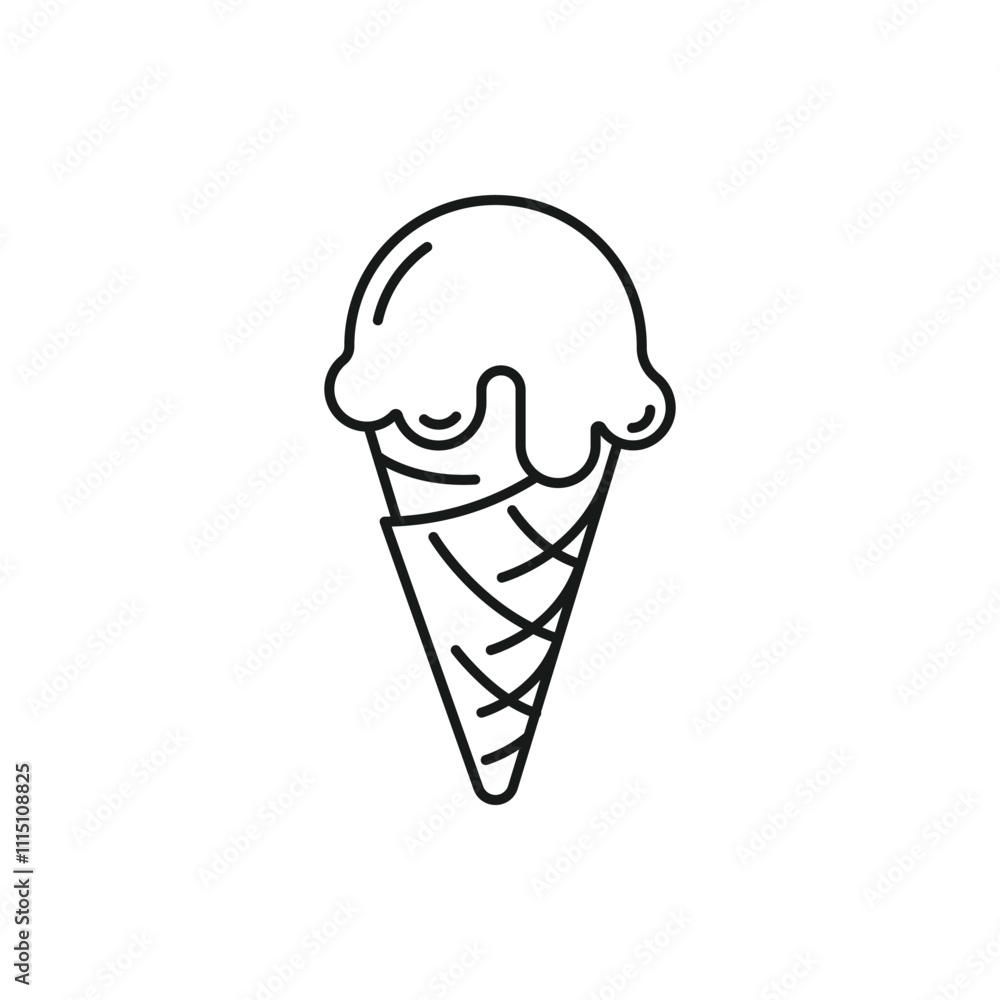 Ice cream big ball in wafer cone. vanilla, chocolate, sweet dessert sign. single fruit yogurt ice cream black line icon. Close vector illustration isolated on white Ice cream big ball in wafer cone. vanilla, chocolate, sweet dessert sign. single fruit yogurt ice cream black line icon. Close vector illustration isolated on white