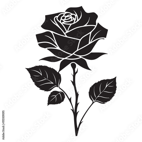 Roses flat black icon. Rose Art Beautiful Black and White Rose Illustration, Flowers silhouette icon.