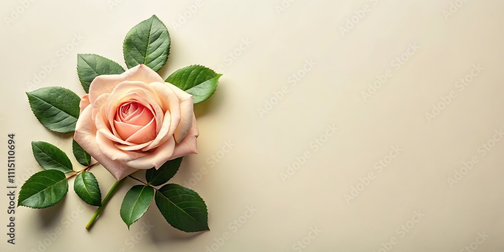Fototapeta premium A single pale pink rose with lush green leaves arranged artfully on a creamy background